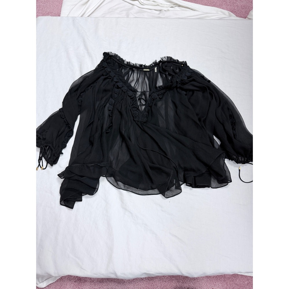 Elie Tahari Black 100% Silk Sheer Ruffle Off Shoulder Blouse E4195507 Medium